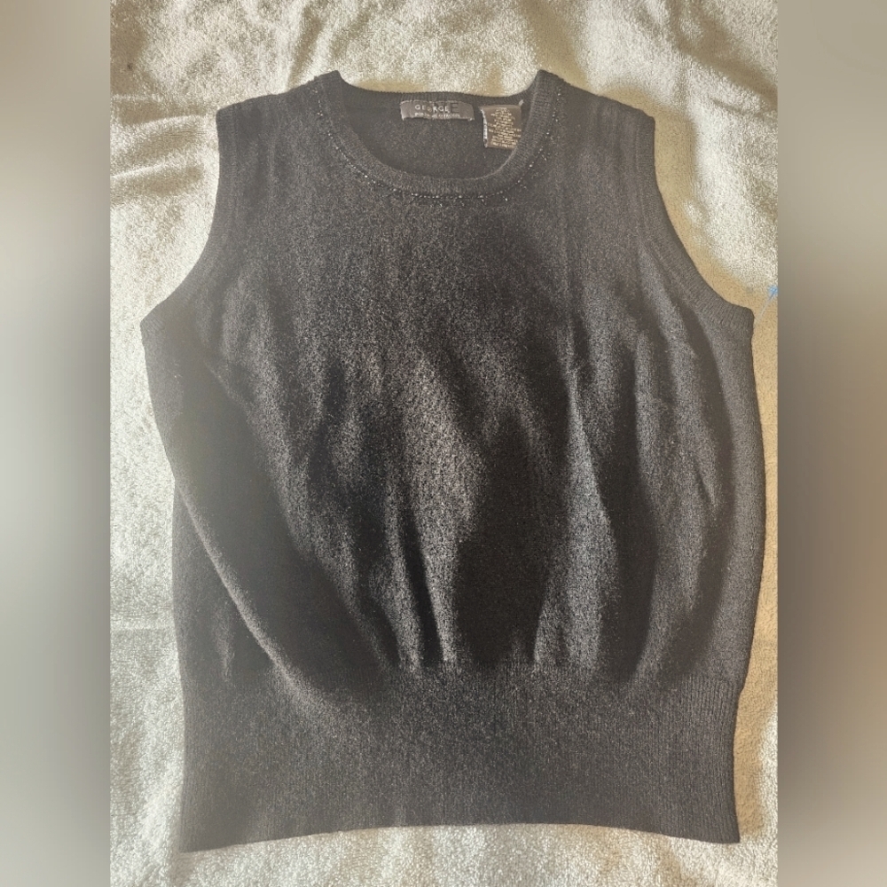 George by Mark Eisen Black Beaded Angora Wool Blend Sleeveless Sweater Top L